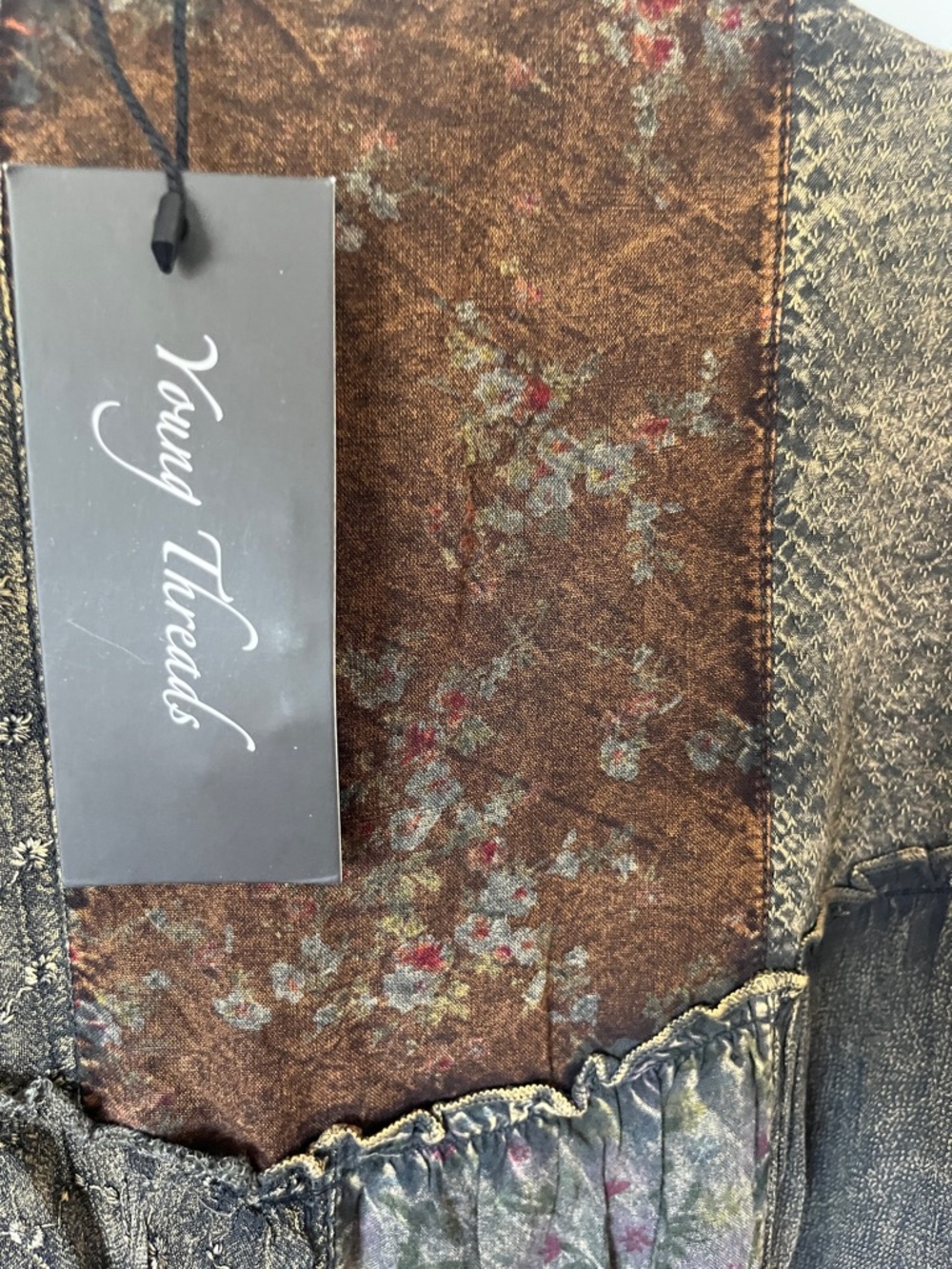 Young Threads rustic natural tiered tunic top in Olive plum and Multi patchwork - Picture 7 of 13